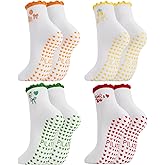 scenicamp 5 Pairs Cute Pilates Socks for Women, Ruffle Frilly Yoga Socks Non Slip Cotton Crew Socks with Embroidery Pattern
