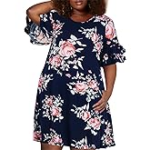 Nemidor Plus Size Casual Dresses for Curvy Women Summer Ruffle Sleeve T-Shirt Swing Mini Dress with Pocket 14-26