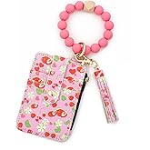 AHQKCRF Flower Keychain Wristlet Wallets for Women Cute Silicone Beaded Credit Card Holder Key Ring Bracelet Wallet (Strawberry)