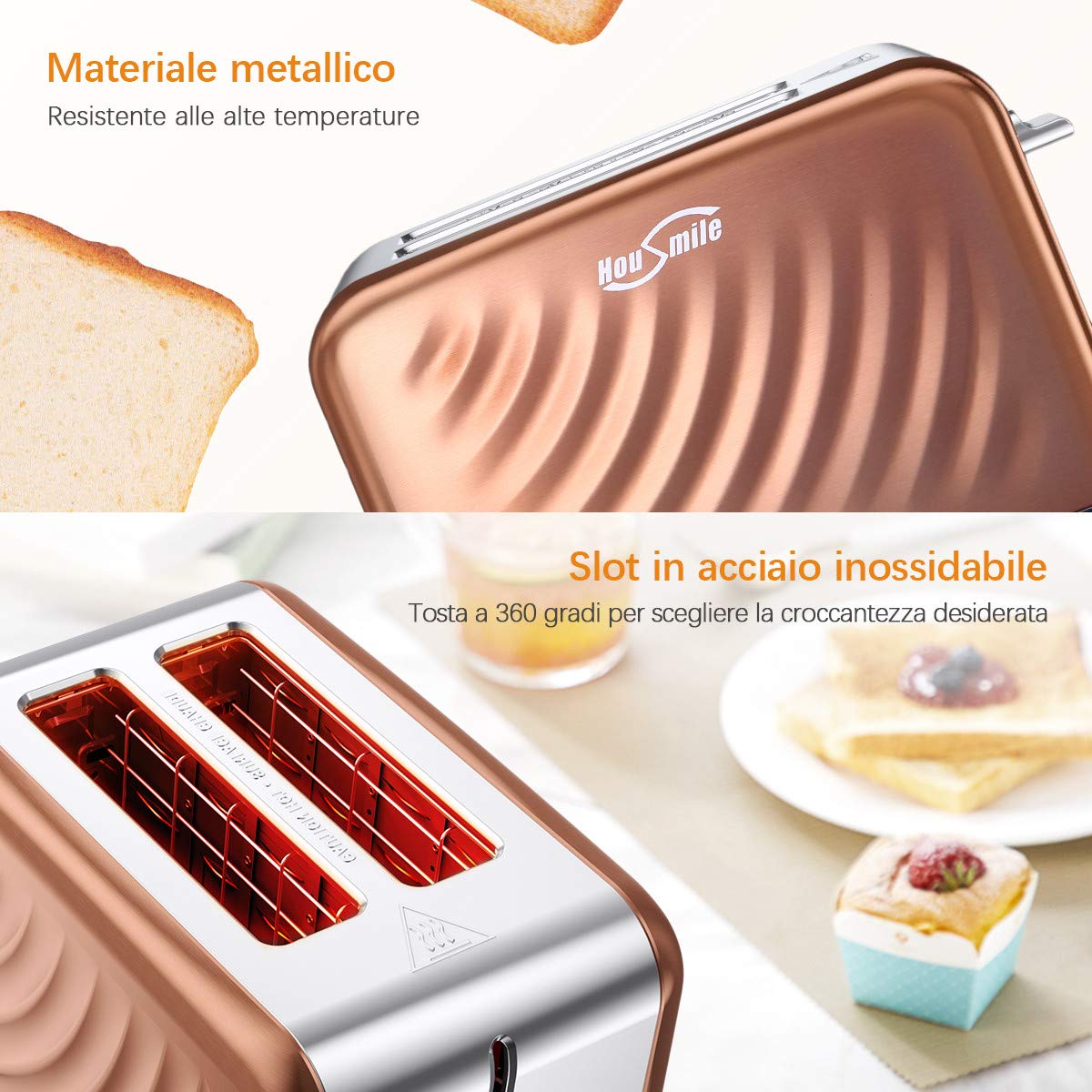 HOUSMILE Tostapane Automatico 2 Fette - 815W Tostapane Professionale con 6 livelli di doratura - Funzioni di Scongelamento e Riscaldamento e Vassoio Raccoglibriciole Removibile