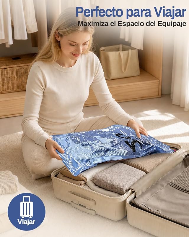 Paquete de 12 bolsas de almacenamiento al vacío (4 de 100 x 80 cm, 4 de 74 x 54 cm y 4 de 64 x 47 cm) con bomba eléctrica y doble cremallera, impermeables y herméticas.