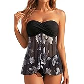 Tempt Me Womens Two Piece Bathing Suits Halter Bandeau Tankini Top Flyaway Swimsuit with Bottoms Tummy Control Swimwear