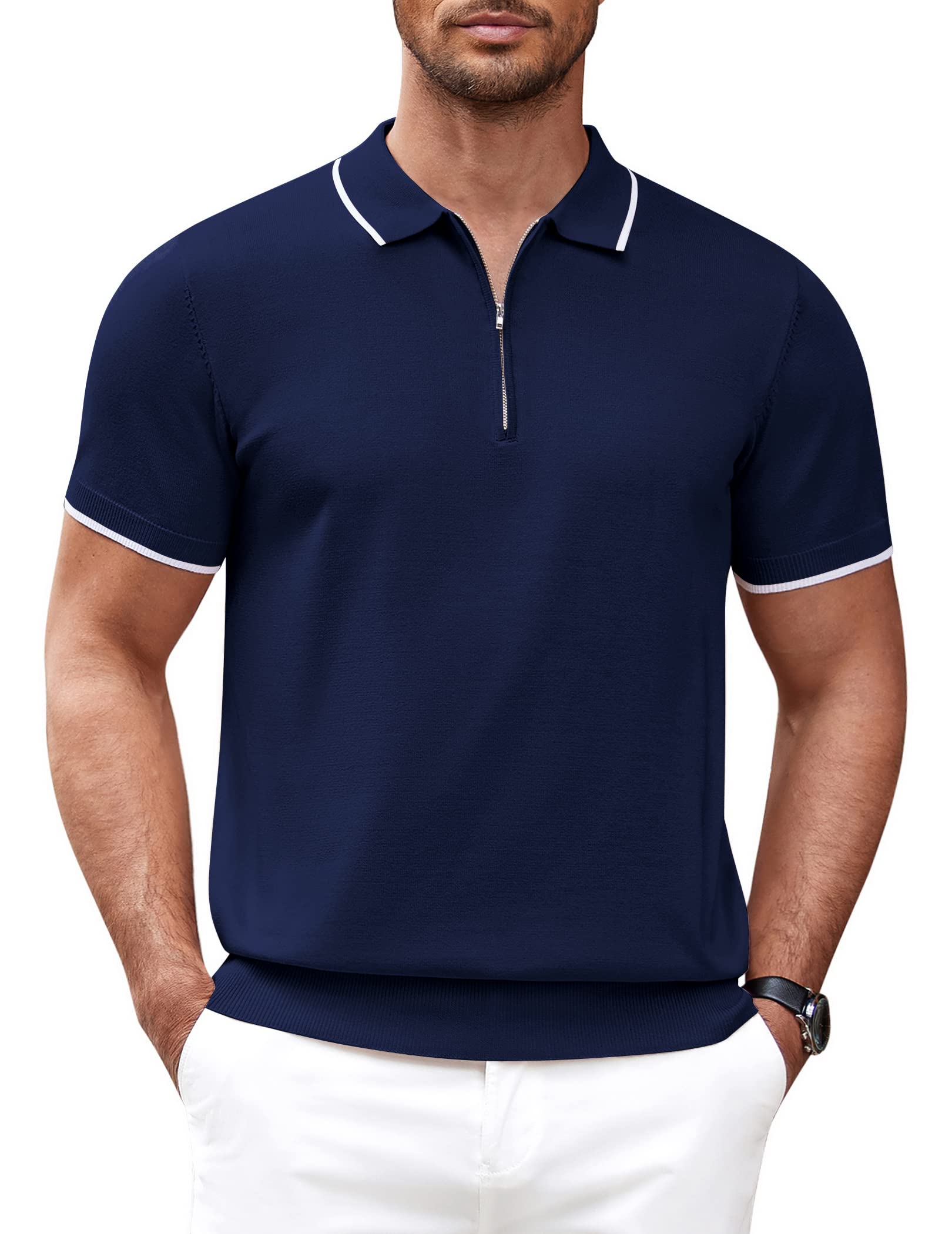 Photo 1 of COOFANDY Men's Muscle Athletic Tennis Performance Stripe Zipper Polo T Shirt, Navy Blue, Large, Short Sleeve