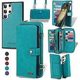 QIXIU for Samsung Galaxy S25 Ultra Wallet Case,Multi-Function Wallet Case, Detachable 3 in 1 Magnetic Galaxy S25 Ultra Case Wallet,Flip Strap Zipper Card Holder Phone Case with Shoulder Straps(Blue)