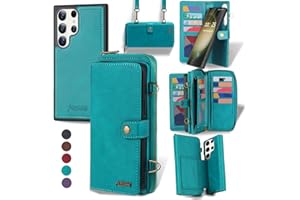 QIXIU for Samsung Galaxy S24 Ultra Wallet Case,Multi-Function Wallet Case, Detachable 3 in 1 Magnetic Galaxy S24 Ultra Case Wallet,Flip Strap Zipper Card Holder Phone Case with Shoulder Straps(Blue)