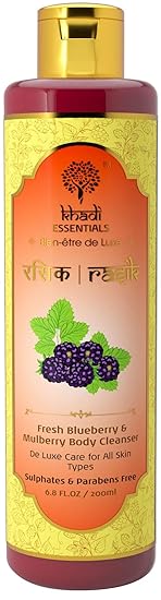 Khadi Essentials Sulphates and Paraben-Free Luxurious Ayurvedic Blueberry and Mulberry Body Cleanser Shower Gel Rasik with Aloe Vera, Cherry, Kiwi and Orange Peel Extracts, 200ml