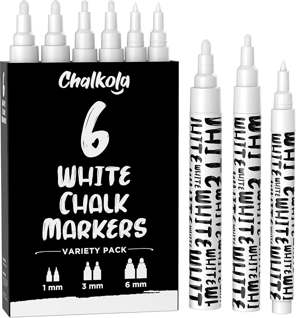 Chalkola White Chalk Pens 6 Pack - 1mm 3mm 6mm Liquid Chalk Markers