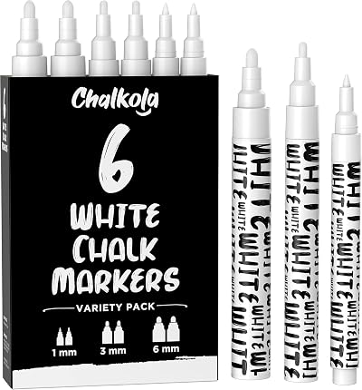 Chalkola White Chalk Pens 6 Pack - 1mm 3mm 6mm Liquid Chalk Markers
