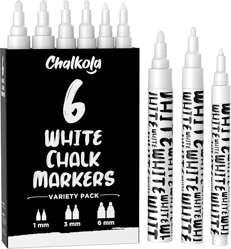Chalkola White Chalk Pens 6 Pack - 1mm 3mm 6mm Liquid Chalk Markers