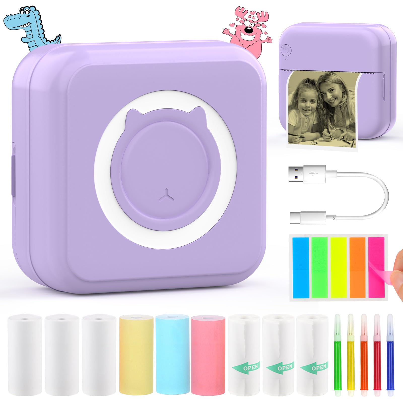 HuiJuKeJi Inkless Sticker Printer for iOS&Android Print Pod Mini Thermal Printer with 10 Rolls Thermal Paper,Color Pen,Bluetooth Pocket Portable Receipt Printer for Photo Journal Notes Memo-Purple