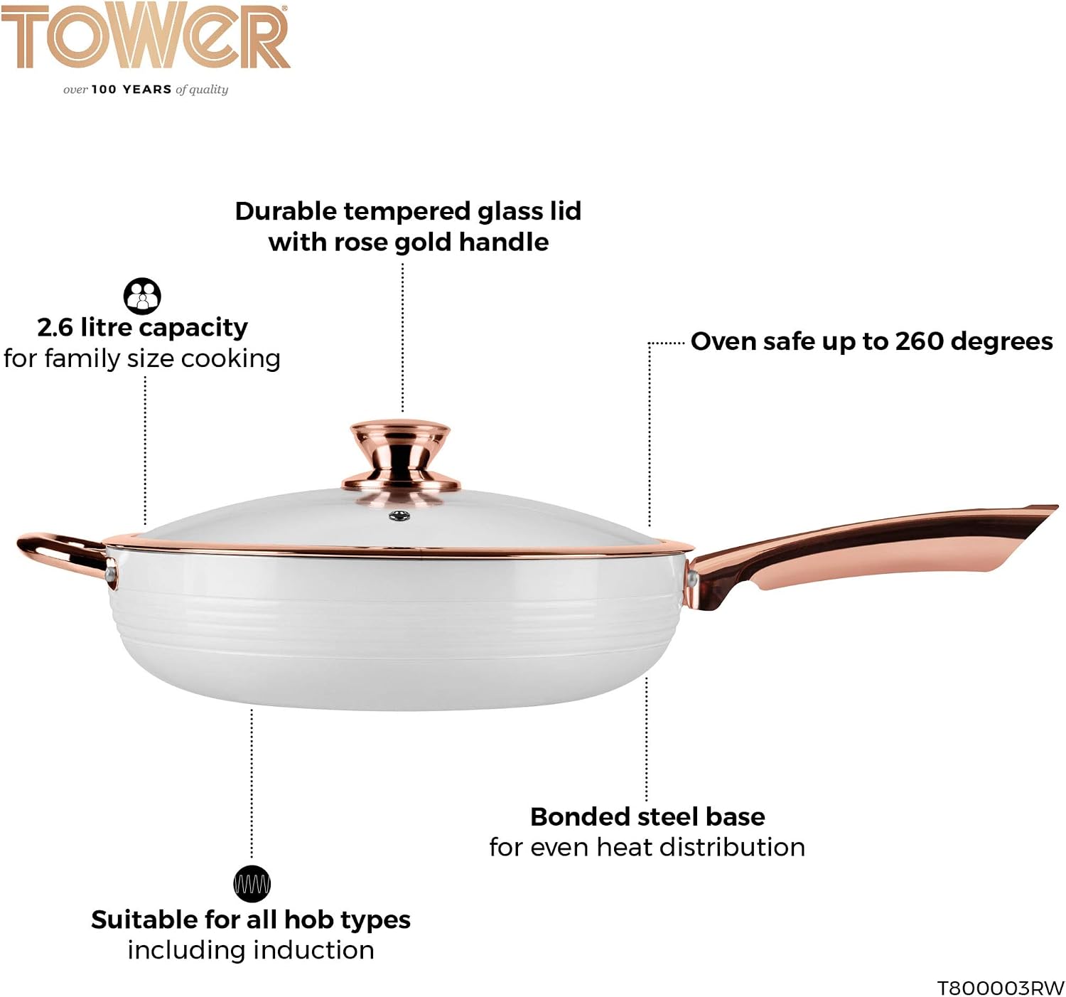 Tower T800003RW Linear Induction Saute Pan With Lid, Non Stick Cerasure Coating, White And Rose Gold, 2.6 Litre, 28 cm - Image 3