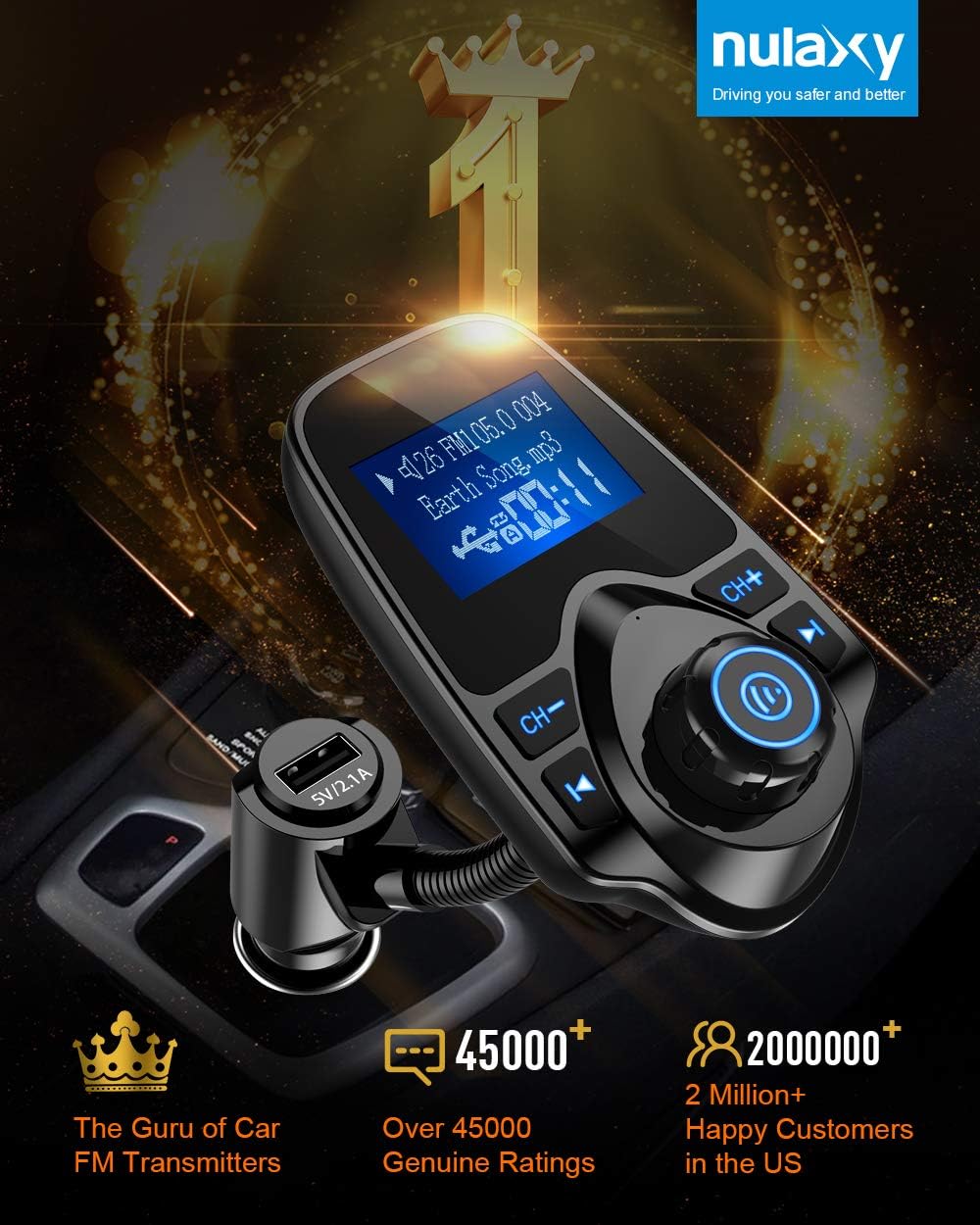 Nulaxy Wireless In-Car Bluetooth FM Transmitter Radio Adapter Car Kit W 1.44 Inch Display Supports TF/SD Card and USB Car Charger for All Smartphones Audio Players