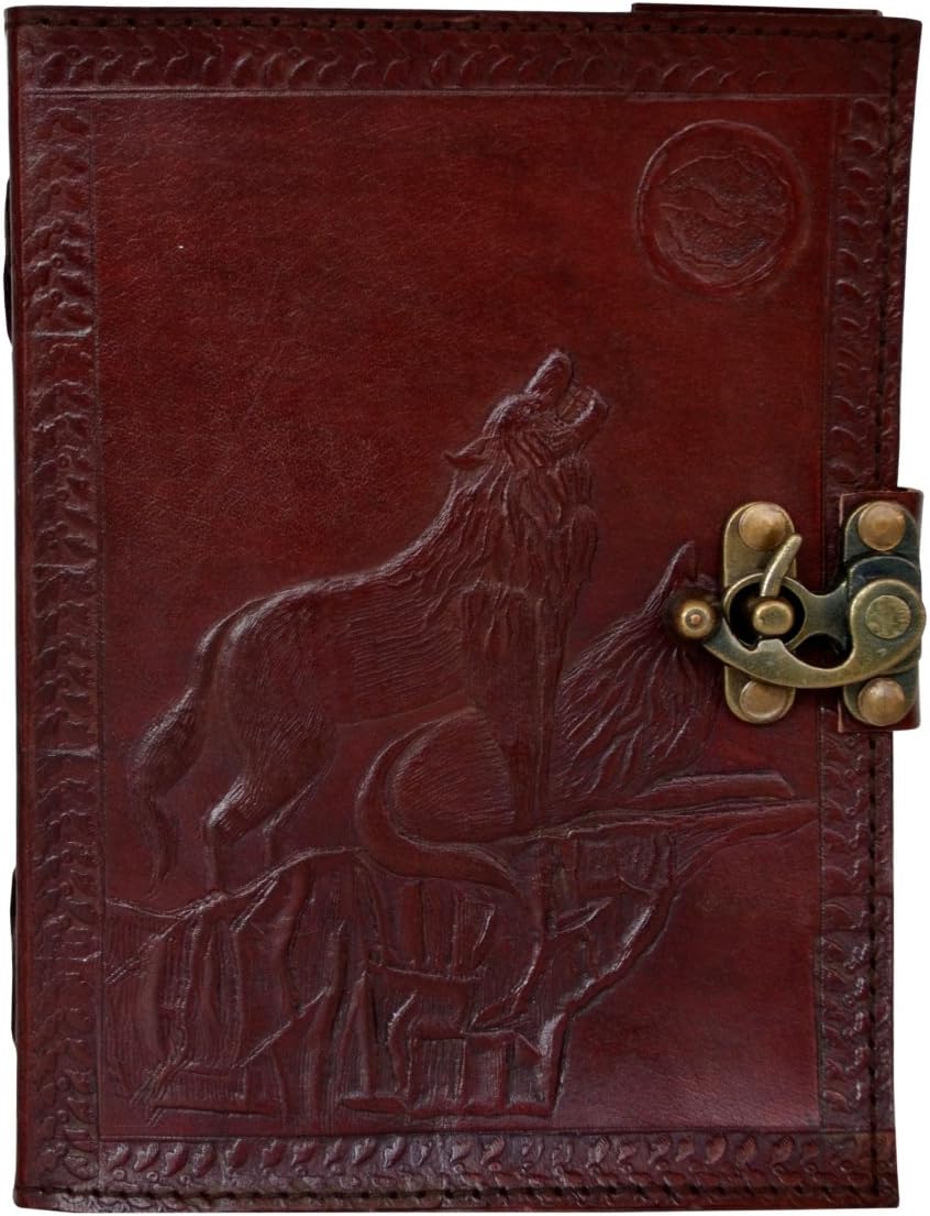 Embossed Howl at The Full Moon Leather Journal Howling Wolf Journal 120 Blank Pages with Brass Clasp Writing Book 7x5 Inch