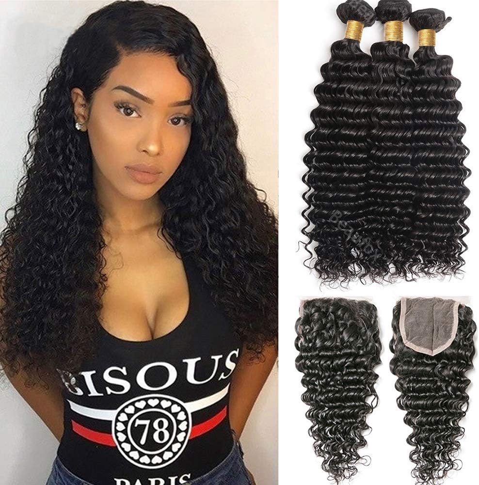 Brazilian Deep Wave Bundles with Closure 4x4 Free Part Deep Curly Bundles with Swiss Lace Closure(20 22 24+18) 100% Unprocessed Remy Human Hair Wet and Wavy Bundles with Closure Human Hair Natural Black Hair Extensions