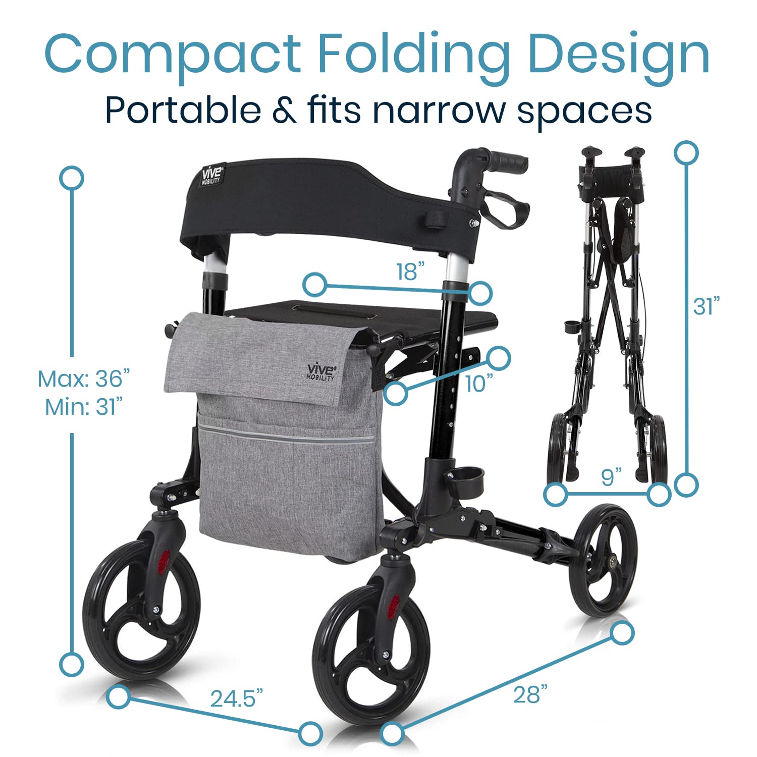 Vive Mobility Rollator Walker with Seat (Euro Style) - Heavy Duty, Medical, Large Wheels, Brakes - for Seniors, Adults - 4 Wheeled Rolling Lightweight Premium Folding Scooter Aid for Women (Black)