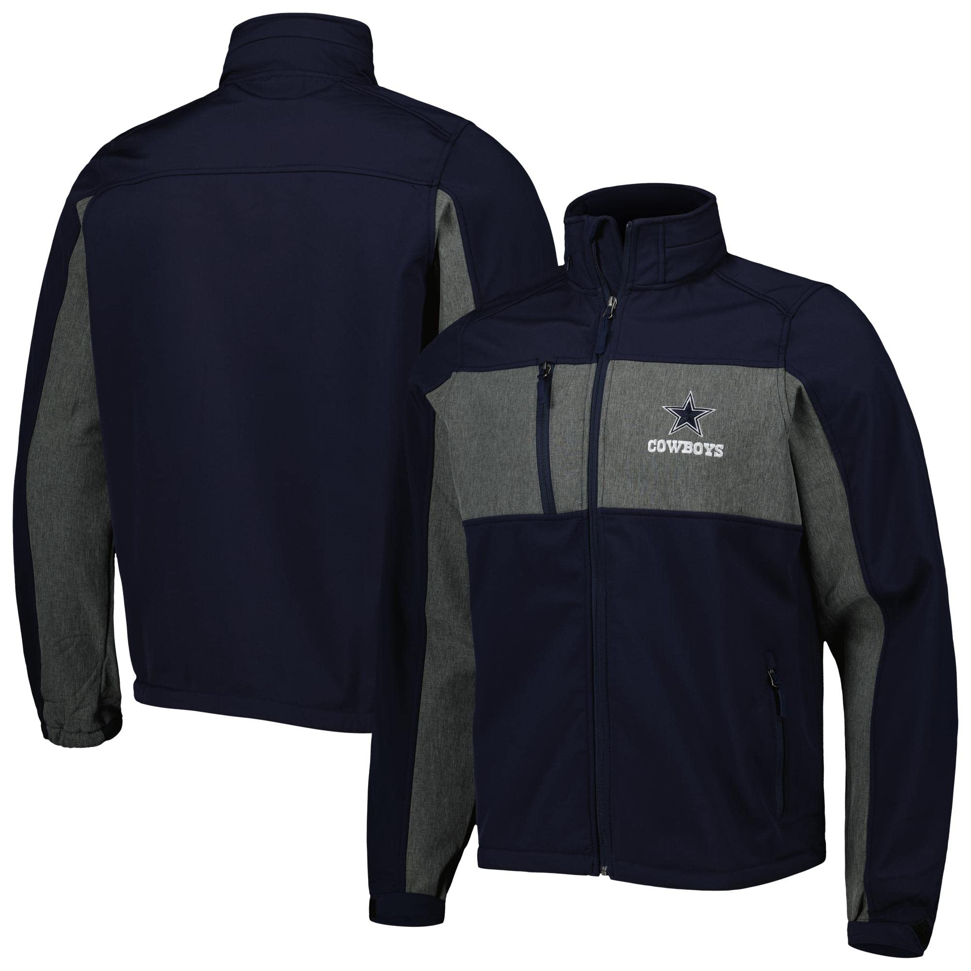 dunbrooke NFL Dallas Cowboys Mens Zephyr Softshell Jacket, Navy/Grey, Small