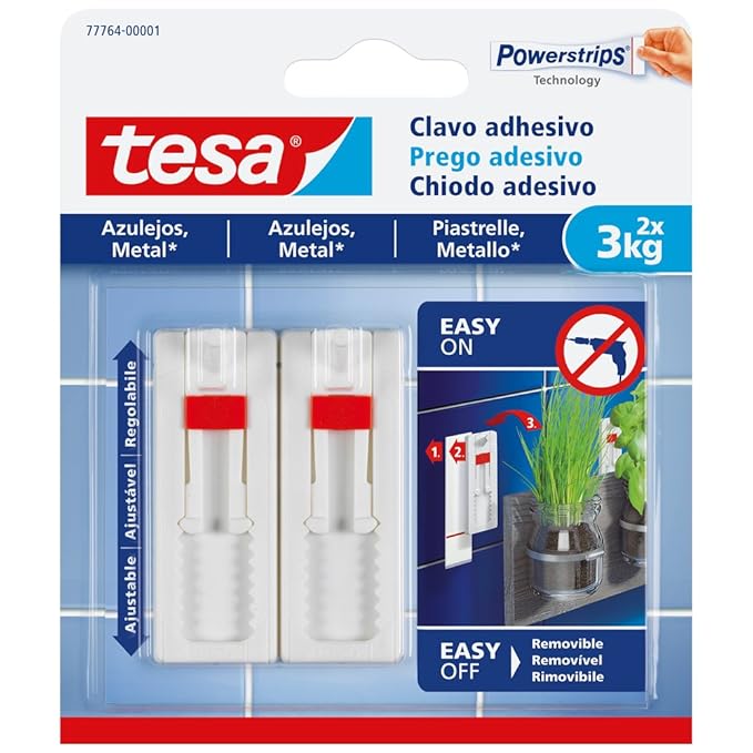 tesa 77764-00001-00 Klebehaken, verstellbar, für Fliesen und Metall (3 kg)