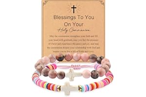 GVUSMIL Cross Bracelet Baptism Gifts Easter Basket Stuffers First Communion Adjustable Clay and Stone Christ Holy Water Bracelet Faith Jewelry for Daughter Granddaughter Niece