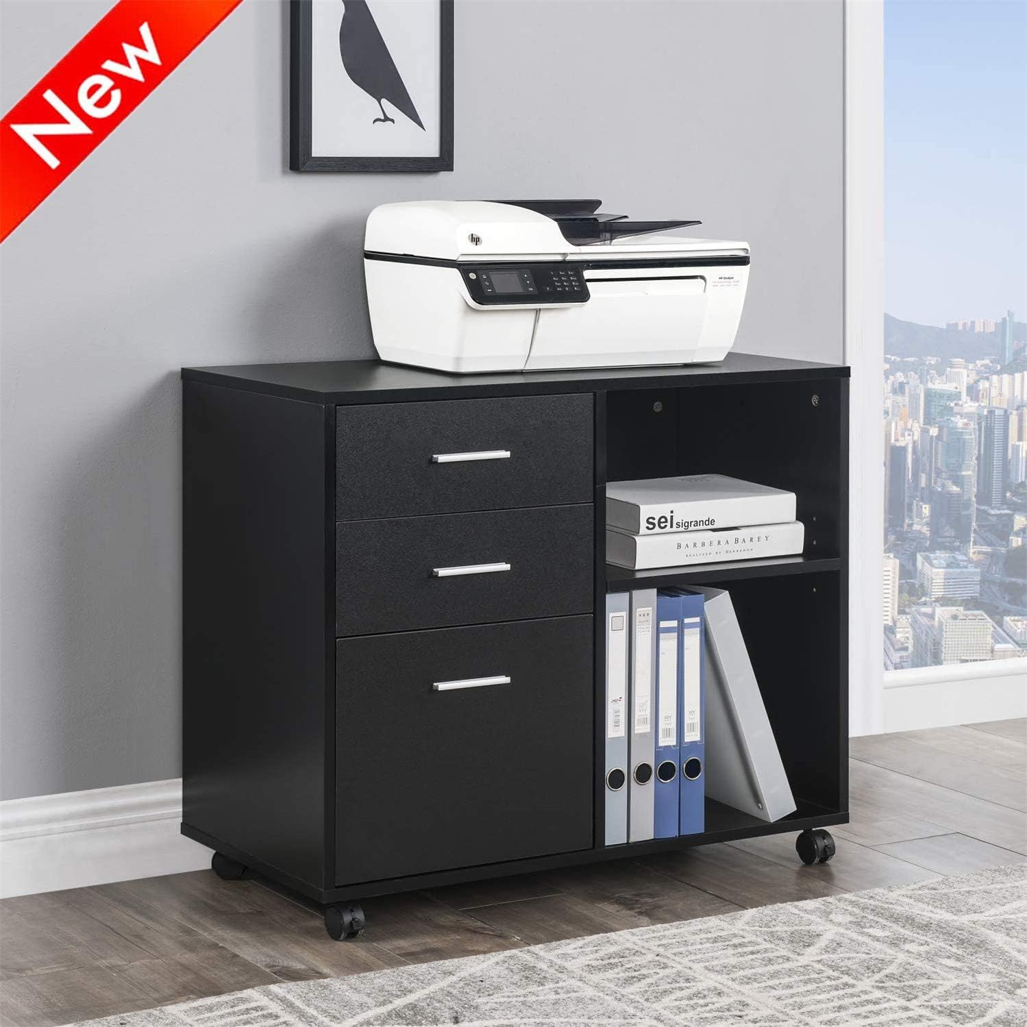 Amazon Com Doonhexs Stronger Thicken Wood Mobile File Cabinet Modern Lateral Filing Cabinet 3 Drawer Printer Desk Scanner Stand With Wheels And Adjustable Open Storage Shelf For Home Office Black Kitchen