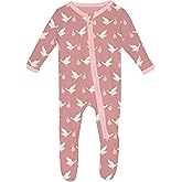KicKee Welcome Home Zipper Footie – Viscose from Bamboo Baby Pajamas – One-Piece Sleepwear with Anti-Slip Feet & Zip Guard (Blush Stork - Newborn)