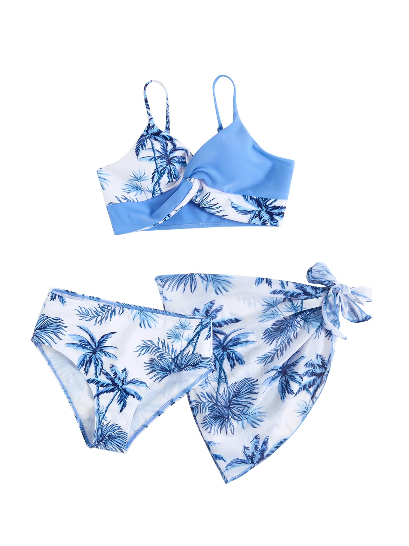 Photo 1 of Milumia Girl's 3 Piece Swimsuit Floral Spaghetti Strap Bikini Set with Cover Up Skirt Dusty Blue 11 Years
