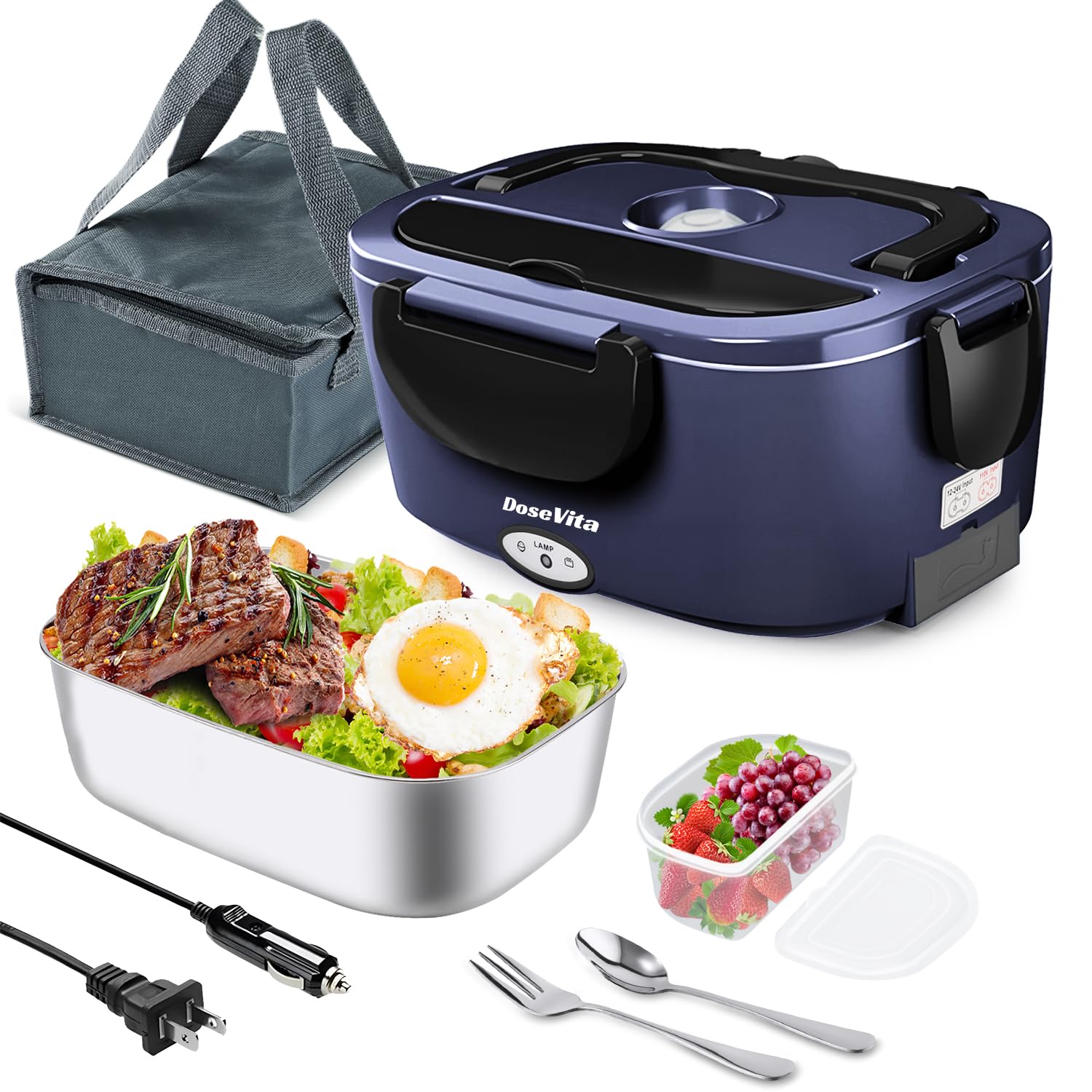 Dosevita Electric Lunch Box for Adults, 80W Heated Lunch Box 1.5L 304 Stainless Steel Portable Food Warmer,12/24/110V Lonchera Eléctrica Portátil for Car, Truck, Work, Travel Image