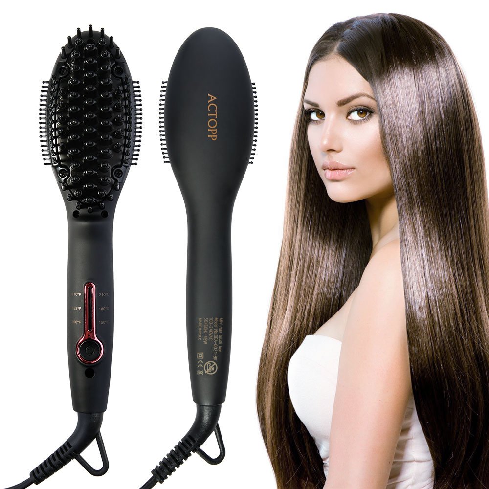 ACTOPP Mini Brosse Lissante Chauffante Brosse Lisseur Professionnelle 2-en-1 Anti-Statique Chauffage Rapide avec 4 Pinces