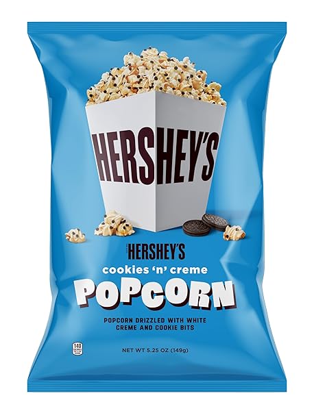 HERSHEY’S COOKIES N CRÈME, 5.25OZ GROCERY SIZED BAG, POPCORN DRIZZLED IN WHITE CREME AND COOKIE BITS, READY TO EAT, SAVORY SNACK, SWEET AND SALTY