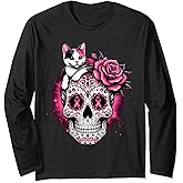 Sugar Skull Cat Pink Ribbon Calavera Breast Cancer Awareness Long Sleeve T-Shirt