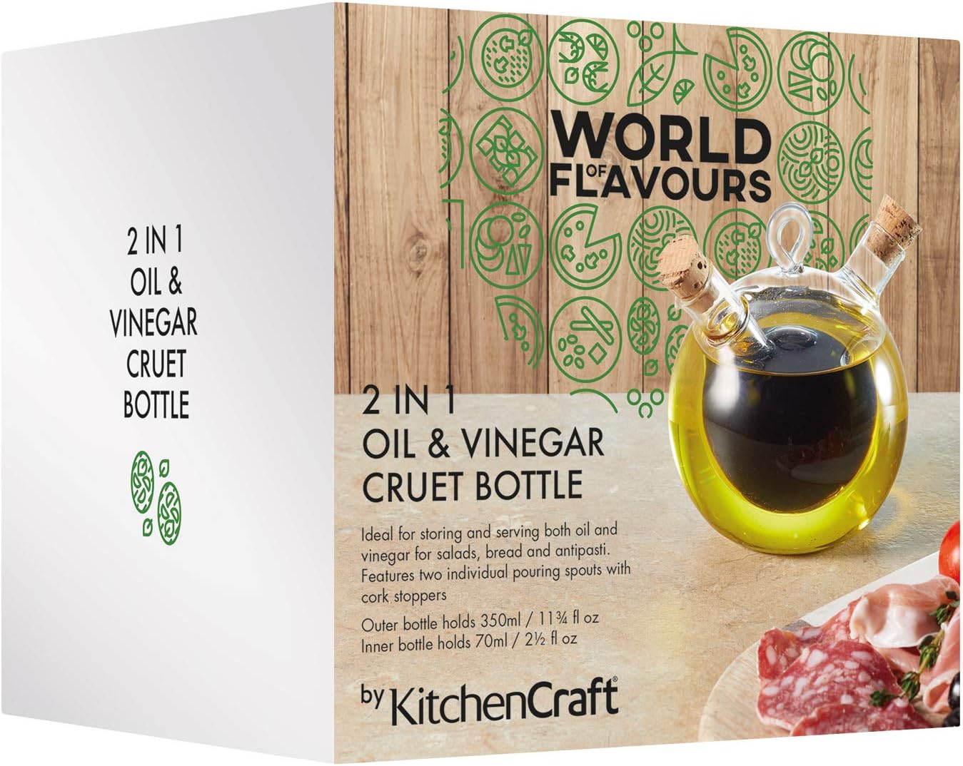 KitchenCraft World of Flavours 2-in-1 Round Olive Oil Dispenser and Vinegar Bottle - Clear Glass, 8.5 x 12 x 1.5 cm - Image 3