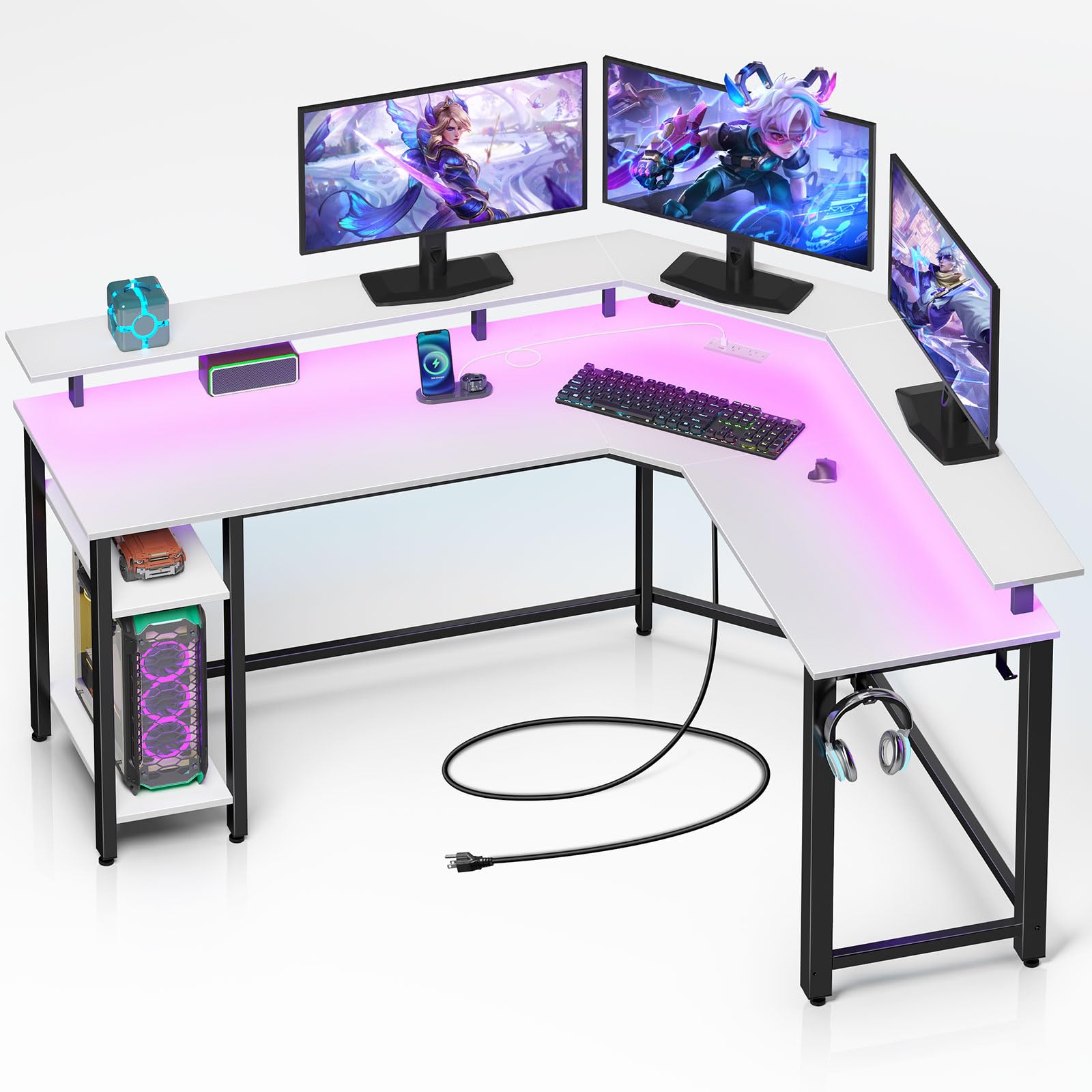 Photo 1 of **DANAGE TO CORNERS**Rolanstar L Shaped Gaming Desk with LED Lights & Power Outlets, 46.2" Computer Desk with Full Monitor Stand & Storage Shelf, Corner Desk with Hooks, White Desk Reversible