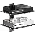 suptek Glass Floating Shelves, TV Wall Mount with Shelf for DVD Player / PS4 / Cable Boxes/Game Consoles/Sky Box/TV Accessories, Media Shelf, Flat Black Wall Mount Bracket, AV Shelf, 2 Tiers Shelves