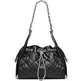 Women’s Quilted Leather Hobo Bag with Chain Strap Drawstring Shoulder Purse Elegant Crossbody Handbag