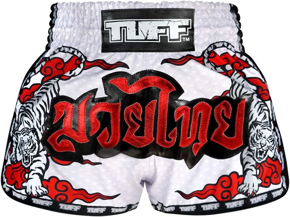 Sport Retro Muay Thai Boxing Shorts Martial Arts Clothing Training Gym Trunks Classic Slim Cut (TUF-MRS301-WHT, XL)