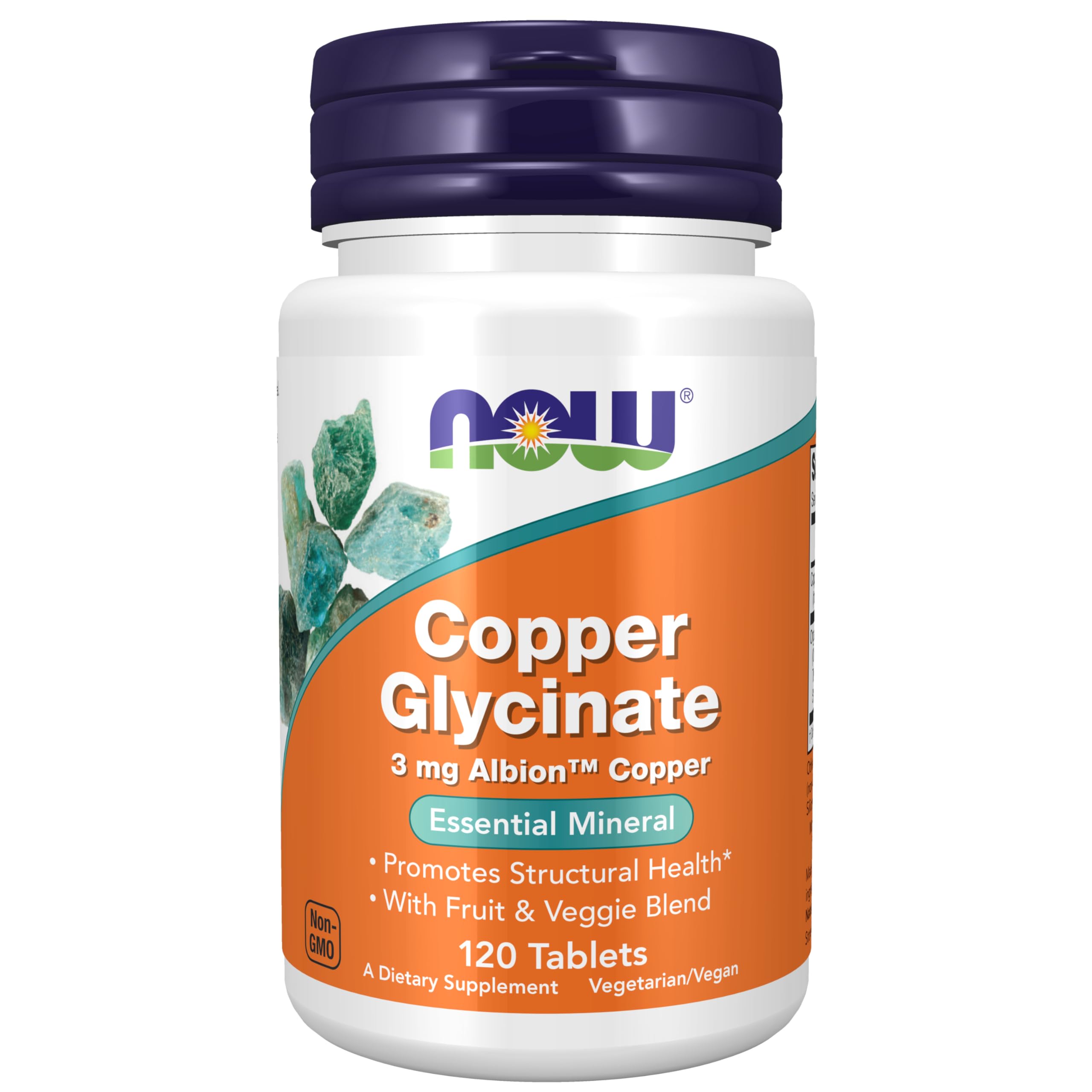 NOW Foods Supplements, Copper Glycinate with 3mg Albion Copper, Promotes Structural Health*, 120 Tablets, Light Gray, Tan