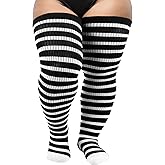 DRESHOW Plus Size Thigh High Socks for Women Over Knee Long Boot Stockings Striped Knee Highs Tube Socks Leg Warmers
