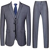 Mens 3 Piece Pinstripe Suit Slim Fit Casual Dress Suits Blazer + Vest + Pants