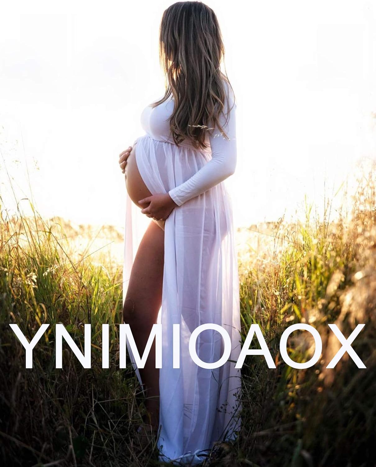 YnimioAOX Women's Off Shoulder Long Sleeve Maternity Dress for Photography Chiffon Maternity Gown for Photoshoot（A1-White at  Women’s Clothing store
