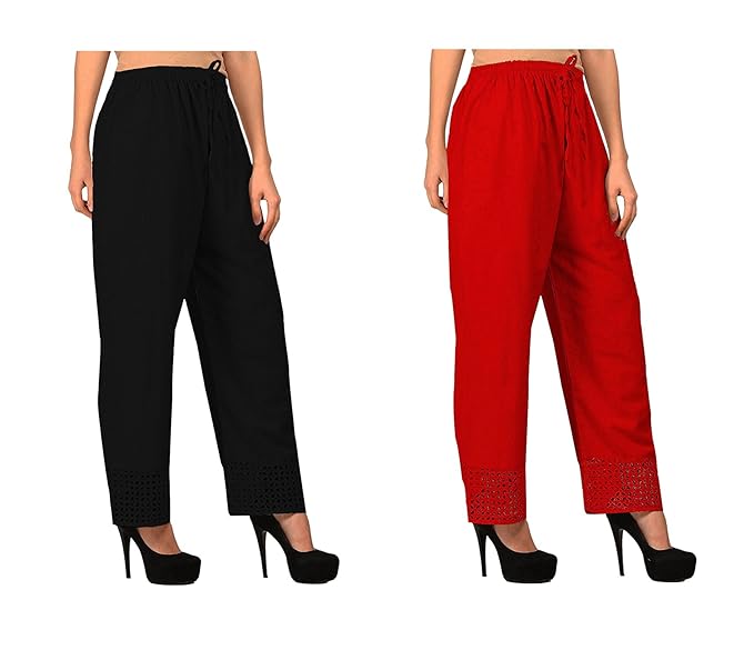 Women's Cotton Palazzo Designer Plain Casual Wear Palazzo for Women/Girl Combo Cotton Palazzo Color-Black_RED