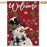 OTOSTAR Snowman Snowflake Welcome Christmas House Flag 28x40 Inch Double Sided Outdoor Xmas Flag Winter Seasonal Yard Holiday Farmhouse Outside Decorative,Red