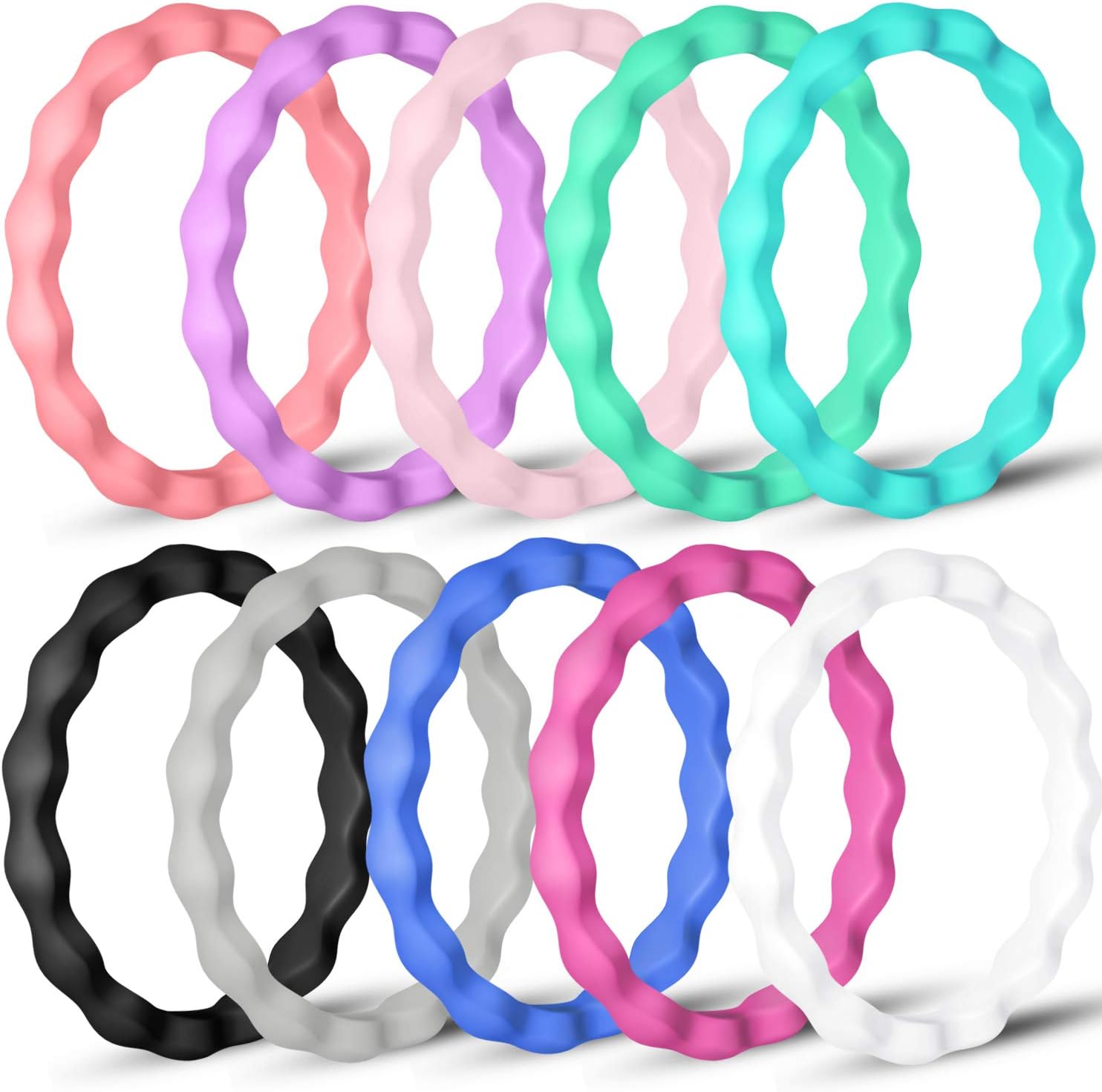 Tobfit Silicone Rings Wedding Bands for Women, Thin and Stackable Rubber Band Affordable, Colorful, Comfortable fit, Skin Safe, 10 Pack