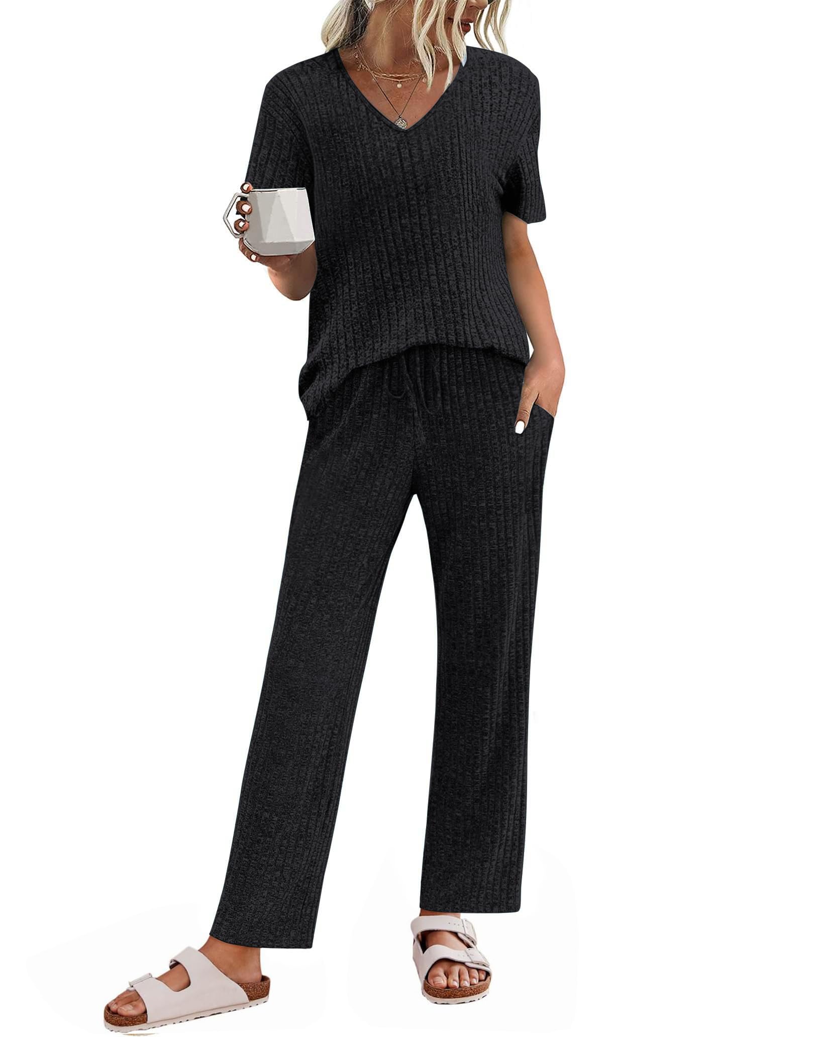 Photo 1 of JiniGolla Womens Ribbed Knit Lounge Set Short Sleeve Top and Long Pants Sleepwear Pajama Set Two Piece Matching Outfits Set Black L