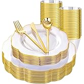 bUCLA 180PCS Clear Plastic Plates with Gold Trim - Clear Gold Plastic Dinnerware Include 30 Dinner & Dessert Plates, 30 Knives, 30 Forks, 30 Spoons and 30 Cups for Party