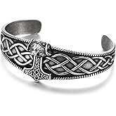 COOLSTEELANDBEYOND Men's Viking Thor's Hammer Cuff Bracelet, Steel Open Bangle, Celtic Knotwork Design, Norse Mythology