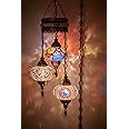 DEMMEX 3-Large 7'' Globes Turkish Moroccan Mosaic Plug-in Chandelier - Handmade Pendant Light Fixture with 15-ft Cord & Chain, Decorative Bohemian Hanging Ceiling Lamp for Living Room, Bedroom, 3.5 ft