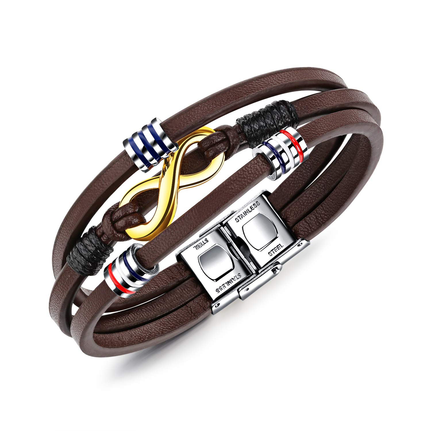 Men's Multilayer Woven Leather Bracelet, Infinity Symbol Stainless Steel Bracelets, Stainless Steel Buckle, Brown, Christmas Birthday Gift