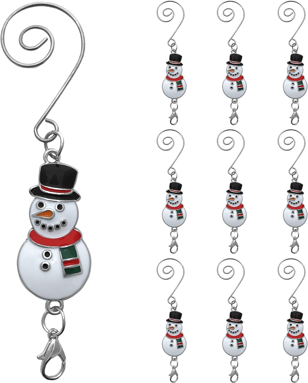 Ornament Hooks - BANBERRY DESIGNS Christmas Snowman Ornament Hook with S-Hook and Lobster Claw - Set of 10 - Snowman with Black Hat & Red and Green Scarf - Xmas Accessories & Accents for Hanging Ornaments