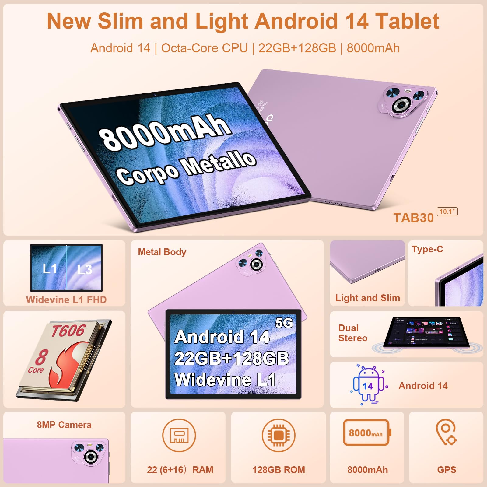 Dghrti 2025 Android 14 Tablet, 22GB RAM+128GB ROM+1TB Expand, 8000mAh Battery, 10.1 Inch Touchscreen, Octa-Core CPU, 2-in-1 Tablet with Keyboard&Mouse, Support BT5.0, GPS, WiFi - Purple