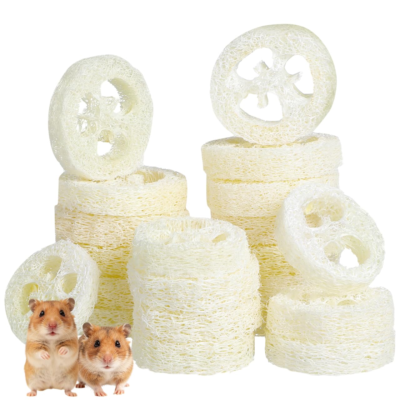 DOITOOL Loofah Chew Toys for Hamsters 20Pcs Natural Molar Tablets Small Animal Foraging Toy 2In X 1.6In Hanging Cage Accessory for Hamster Hideout