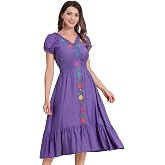 Mexican Dress for Women Floral Embroidered Dress Short Sleeve V Neck Traditional Ethnic Cinco De Mayo Fiesta Dress